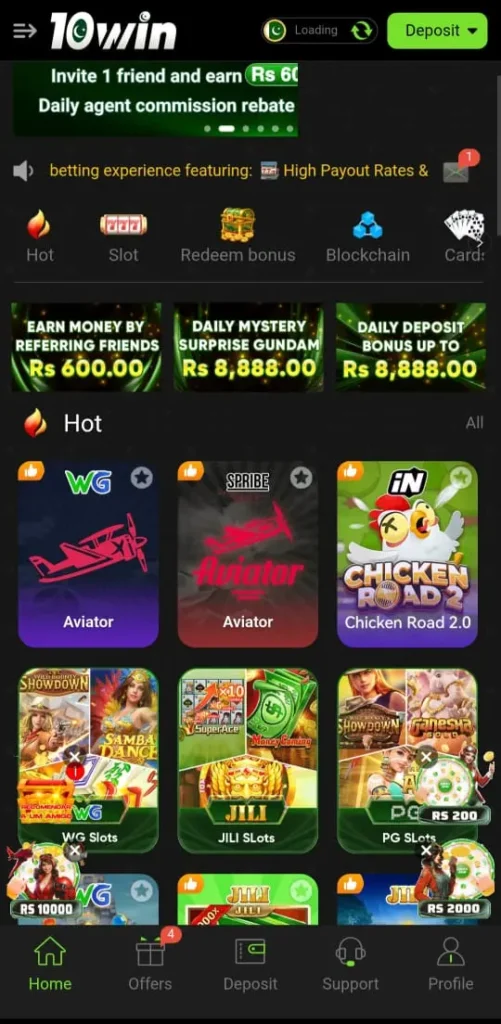 10WIN Game App home screen with slots and Aviator