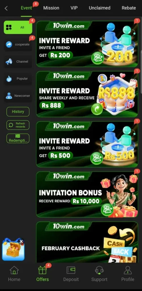 10WIN invite reward and bonus offers
