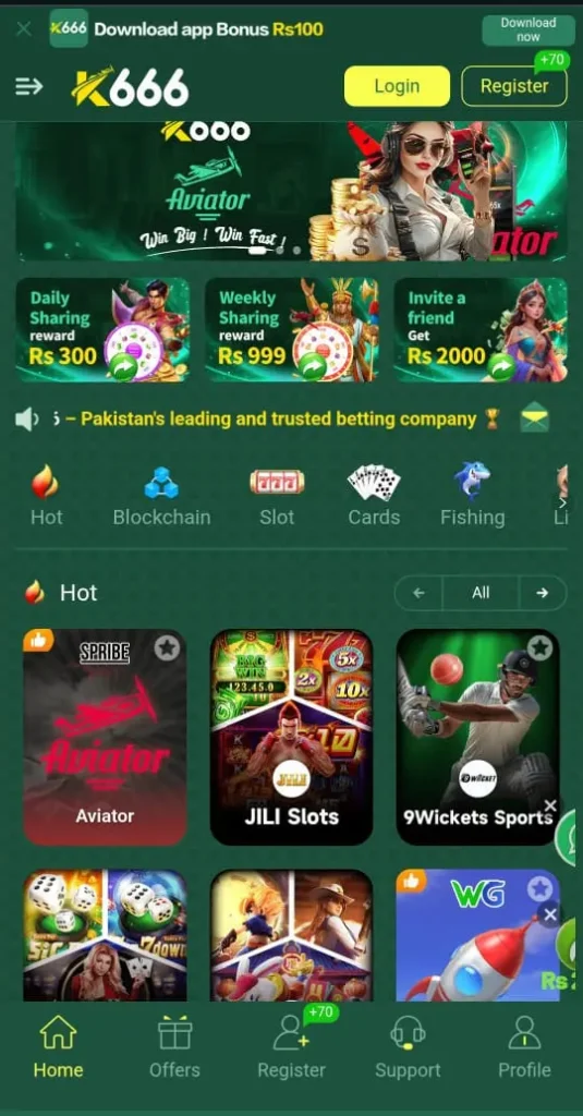 K666 Game App Home Screen