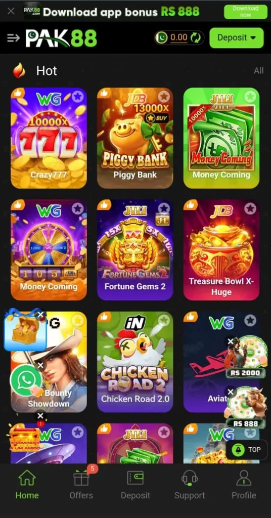 PAK88 Game APP Home screen