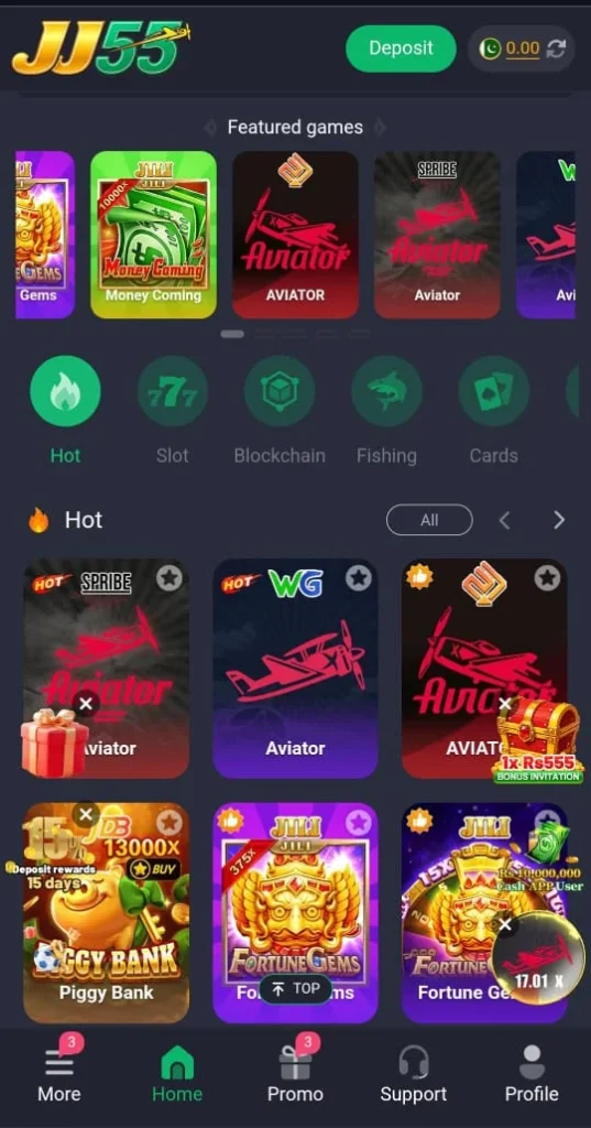 JJ55 Game APP Home screen