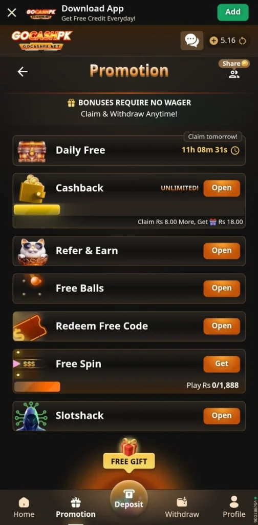 GOCASHPK Game Promotions