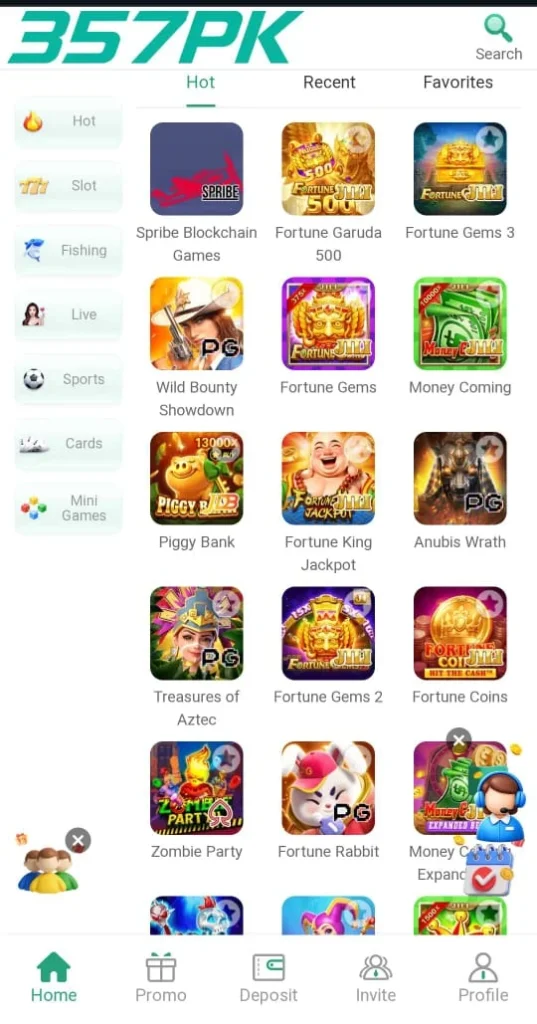 357PK Game home page showing the main dashboard and gaming interface