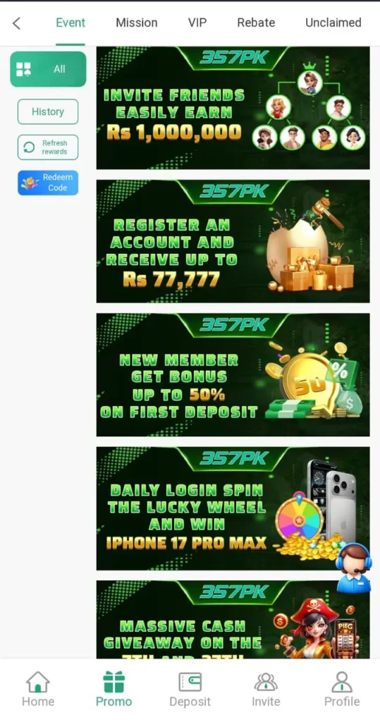 357PK Game promotions page showing welcome bonus and reward offers