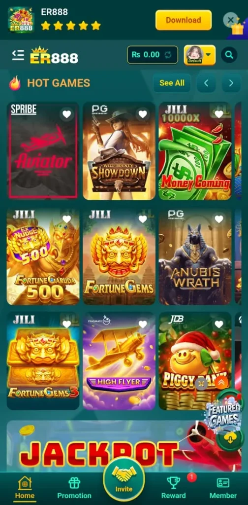 ER888 Game homepage showing the main dashboard and gaming interface