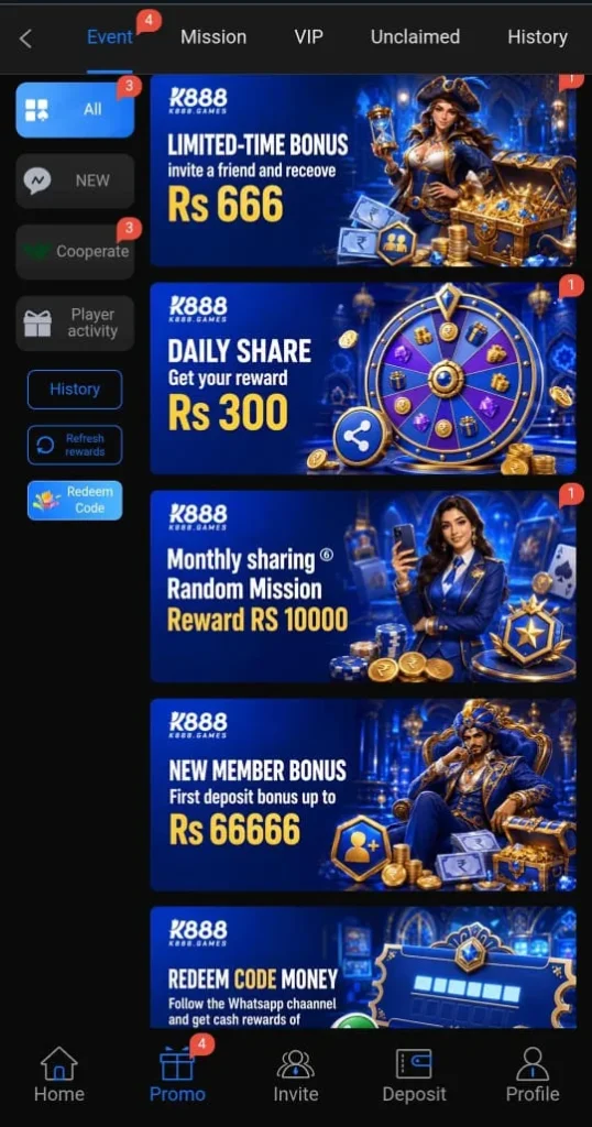 K888 Game promotions and bonus offers section