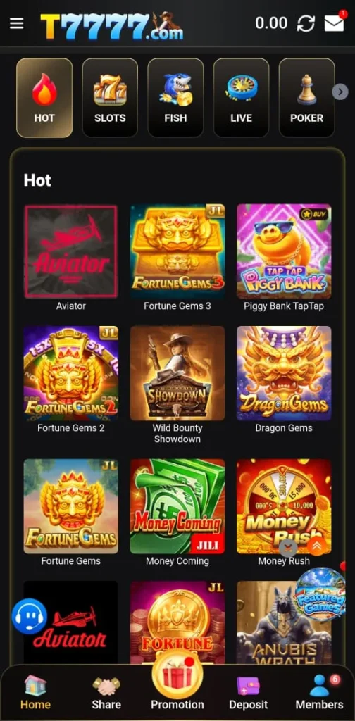 T7777 Game home screen