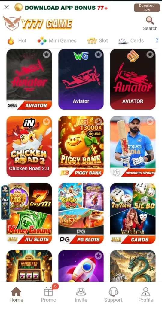 Y777 Game home page interface with login and main dashboard