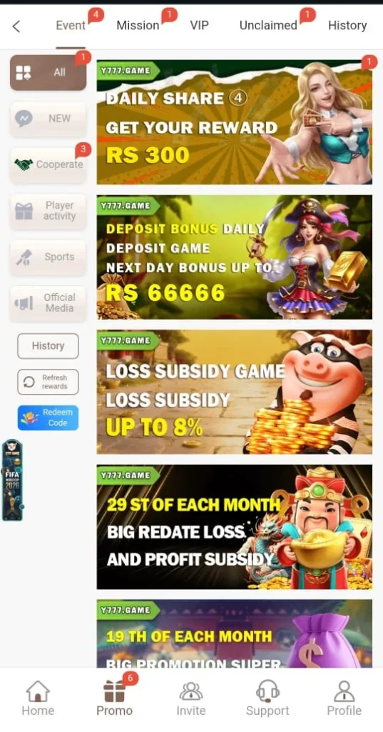Y777 Game promotions and daily bonus offers